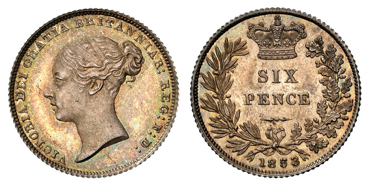1081171 GREAT BRITAIN. Victoria. (Queen, 1837-1901). 1853 AR Sixpence. NGC PR64.  London. Edge: Reeded. Head left / Without die number. KM 733.1. Proof; SCBC-3908.

Please use this link to verify the NGC certification number <a href="https://www.n...