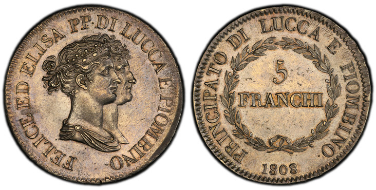 1080444 ITALIAN STATES. Lucca. Felix and Elisa. 1808/7 AR 5 Franchi. PCGS AU58.  Firenze. 38mm. 24.91gm. FELICE ED ELISA PP · DI LUCCA E PIOMBINO. Conjoined heads right / PRINCIPATO DI LUCCA E PIOMBINO. Written and numeral value within wreath abov...