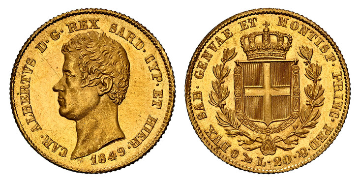 1081345 ITALIAN STATES. Sardinia. Carlo Alberto. 1849 F//P (a) AV 20 Lire. NGC MS63.  Genoa. Edge: reeded. CAR. ALBERTVS D .G. REX SARD. CYP. ET HIER. Head to left, date below / DVX SAB. GENVAE ET MONTISF. PRINC. PED. &. Crowned squarish shield of...
