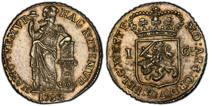 1081046 NETHERLANDS. West Friesland. 1793 AR Gulden. PCGS MS63.  Edge: Cabled. MO: ARG: ORD: FÆD: ... Crowned arms of West Friesland divide value / HAC NITIMVR HANCTVEMVR. Standing figure leaning on columns with cap on pole, date in exergue below....