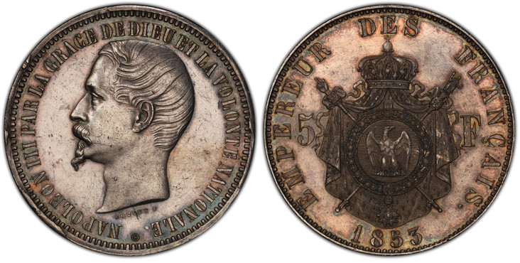 1077884 FRANCE. Napoleon III. (Emperor, 1852-1870). 1853 AR Essai 5 Francs. PCGS SP58.  Dies by L.C. Bouvet. Paris. Edge: Plain. NAPOLEON III PAR LA GRÂCE DE DIEU ET LA VOLONTÉ NATIONALE. Bare head left / EMPERUER DES FRANÇAIS. Crowned and mantled...