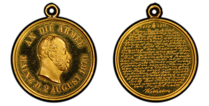 1068536 GERMAN STATES. Prussia. Wilhelm I. (King, 1861-1888). 1870 AV Medal. PCGS SP65.  Edge: Plain. 18.2mm. 2.49gm. AN DIE ARMEE// MAINZ D. 2 AUGUST 1870. Bust, right; signed below truncation, G. SCH. / 22-line inscription dated 1870+1871 and si...