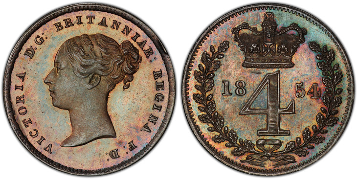 1082102 GREAT BRITAIN. Victoria. (Queen, 1837-1901). 1854 AR Maundy Set. PCGS PL65-PL63(Prooflike).  VICTORIA D:G: BRITANNIAR REGINA F:D:. Head left / Crowned denomination divides date within wreath. KM MDS-105 ; SCBC-3916 Maundy Set (SCBC-3917 th...