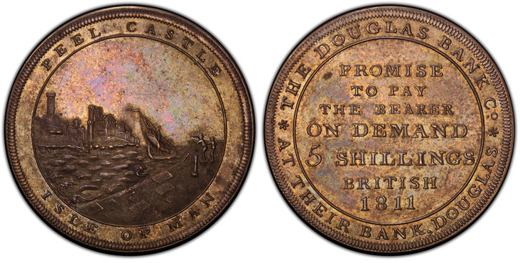 1074176 ISLE OF MAN. 1811 AR 5 Shilling. PCGS MS63.  PEEL CASTLE ISLE OF MAN. Sailboat, city view within circle / PROMISE TO PAY THE BEARER ON DEMAND... Inscription, date within circle. KM Tn14; Pridmore 46.

Bank Token Coinage. Beautiful cabinet ...