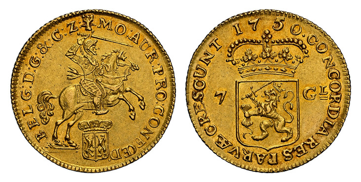 1081499 NETHERLANDS. Gelderland. 1750 AV 7 Gulden. NGC AU58.  4.96gm. MO : AUR : PRO : CONFOED : BELG : D : G : & C : Z :. Mounted knight holding sword above crowned shield / CONCORDIA · RES PARVÆ CRESCUNT. Crowned arms of Gelderland divide value,...