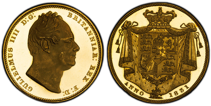 1082038 GREAT BRITAIN. William IV. (King, 1830-1837). 1831 AV Two Pounds. PCGS PR64DCAM (Deep Cameo).  Edge: Plain. GULIELMUS IIII D:G: BRITANNIAR: REX F:D:. First bust, right / Arms within crowned mantle. KM 718. Proof; SCBC-3828; Friedberg 382; ...