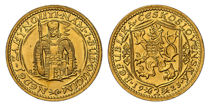 1081802 CZECHOSLOVAKIA. First Republic. (1918 - 1938/39). 1923 AV 2 Dukaty. NGC MS63.  By J. Benda (Obv.) & O. Spaniel (Rev.). Kremnica Mint. Edge: Milled. Czech lion with Slovak shield, denomination divides date below / Duke Wenceslas (Vaclav) ha...