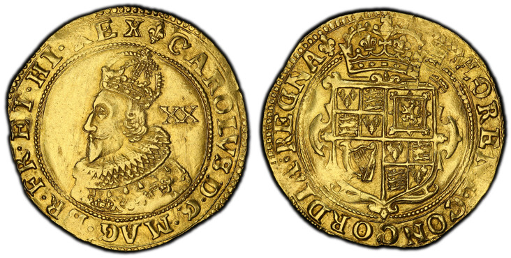 1082031 GREAT BRITAIN. England. Charles I. (King, 1625-1649). (1625)-(Lis) AV Unite. PCGS AU58.  Tower (London) MInt. 9.04gm. Crowned and draped bust left, wearing ruffled collar; XX (mark of value) to right / Crowned garnished shield of arms. KM ...