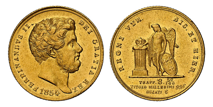 1081885 ITALIAN STATES. Naples. Ferdinando II. 1854 AV 6 Ducati. NGC MS61+.  FERDINANDVS II. - DEI GRATIA REX. Mature bearded head to right, divided legend, date below / REGNI VTR. - SIC. ET HEIR.. TRAPP. 8.50/1000 / TITOLO MILLESIMI 996 / DUCATI ...