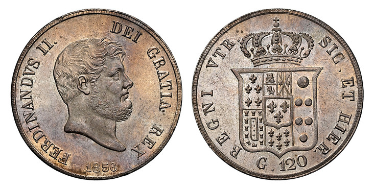 1080446 ITALIAN STATES. Naples. Ferdinando II. 1856 AR 120 Grana. NGC MS63+.  Edge: PROVIDENTIA OPTIMI PRINCIPIS. 36.7mm. 27.48gm. FERDINANDVS II. - DEI GRATIA REX. Mature barded head to right, date below / REGNI VTR. - SIC. ET HEIR. Crowned shiel...