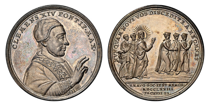 1081902 ITALIAN STATES. Papal States. Clement XIV, Ganganelli. (Pontiff, 1705-1769-1774). 1773-IV AR Medal. NGC MS63.  By Theodore van Berckel. 44mm. Bust to right with hand raised in blessing, wearing camauro and mozzeta / Christ with Saints Pete...