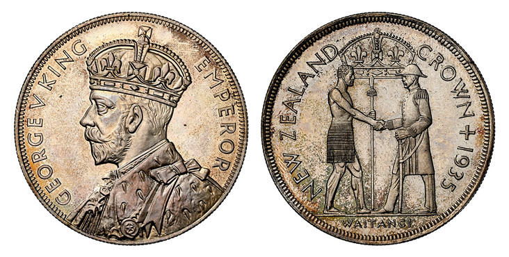 1082020 NEW ZEALAND. George V. (King, 1910-1936). 1935 AR Crown. NGC PR65.  Crowned bust left / Crown above standing figures shaking hands. KM 6; Dav.-433.

Struck to commemorate the Treaty of Waitangi, the accord signed in 1840 between representa...