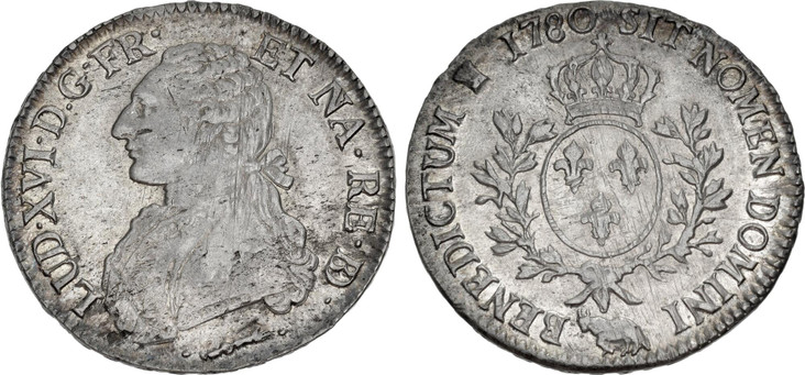 1083028 FRANCE. Louis XVI. (King, 1774-1793). 1780 (p) AR Ecu. NGC AU55.  Pau. 41mm. 29.23gm. ....RE.BD. (ligate BD). Uniformed bust left / SIT NOMEN DOMINI BENEDICTUM. Crowned arms of France within branches. KM 572; Dav.-1334; Duplessy 1708; VG 3...