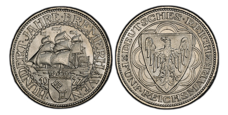 1081746 GERMANY, WEIMAR REPUBLIC. 1927-A AR 5 Reichsmark. PCGS MS66.  Berlin. Eagle on shield, scalloped design in background / Crowned shield divides date below ship. KM 51; Jaeger 326.

100th Anniversary of Bremerhaven.

Please use this link to ...