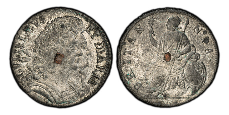 1082589 GREAT BRITAIN. England. William and Mary. 1690 Tin Halfpenny. PCGS AU58.  Large armored busts of William and Mary right. KM 475.1; SCBC-3448.

Please use this link to verify the PCGS certification number <a href="http://www.pcgs.com/cert/8...