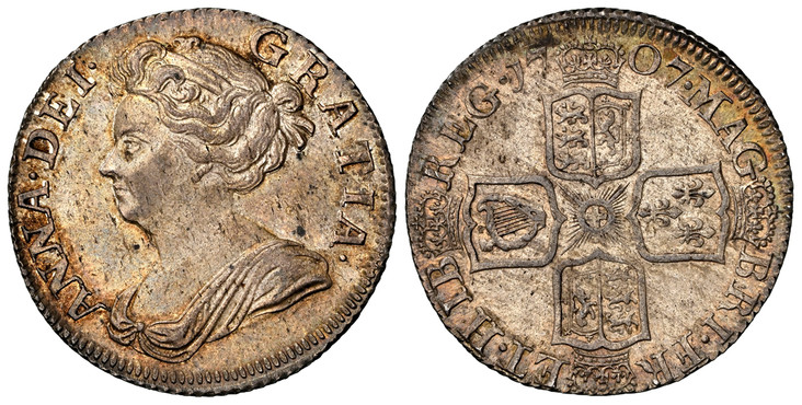 1082603 GREAT BRITAIN. Anne. (Queen, 1702-1714). 1707 AR Shilling. NGC MS63.  ANNA · DEI · - GRATIA ·. Third bust left / MAG - BR · FRA - ET · HIB - REG ·. Crowned shield in cruciform. KM 523.1; SCBC-3610; ESC-1395 (Prev. ESC-1141).

Much scarcer ...
