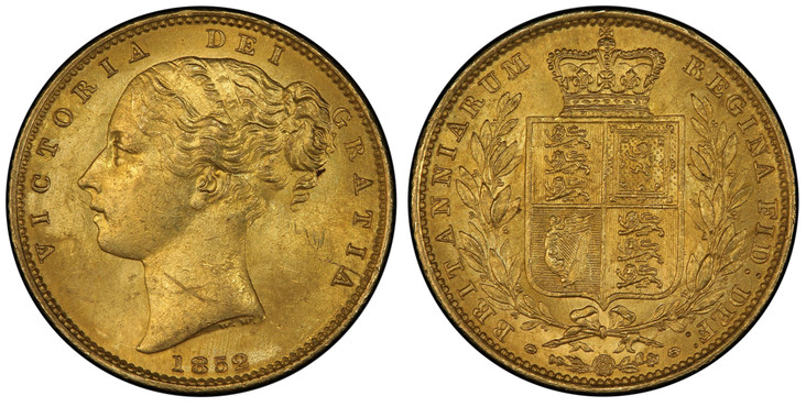 1082612 GREAT BRITAIN. Victoria. (Queen, 1837-1901). 1852 AV Sovereign. PCGS MS63.  VICTORIA DEI GRATIA. Head left / BRITANNIARUM REGINA FID: DEF:. Without die number. KM 736.1. WW Raised; SCBC-3852C (Arabic 1) .

Please use this link to verify th...