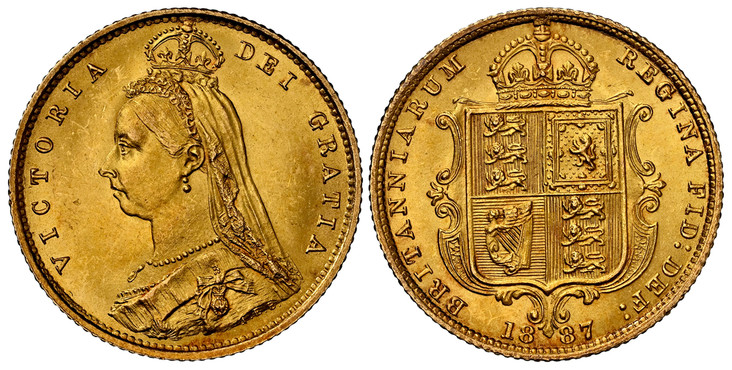 1082525 GREAT BRITAIN. Victoria. (Queen, 1837-1901). 1887 AV Half-Sovereign. NGC MS65.  VICTORIA DEI GRATIA. Jubilee head, bust left wearing small crown and veil / BRITANNIARUM REGINA FID: DEF:. Without die number. KM 766; SCBC-3869; Marsh 478F; D...