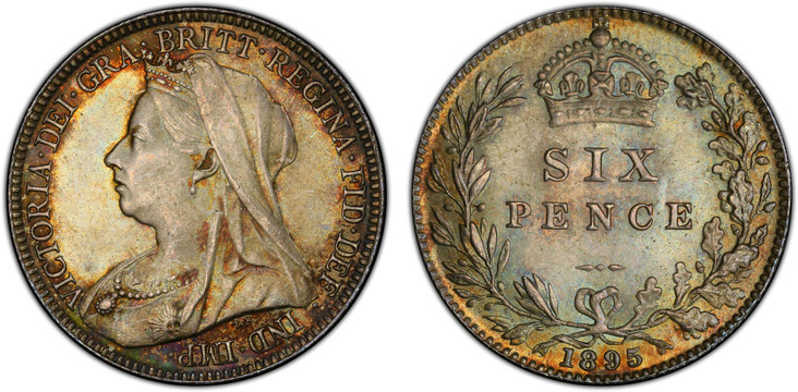 1083015 GREAT BRITAIN. Victoria. (Queen, 1837-1901). 1895 AR Sixpence. PCGS MS65.  Edge: Reeded. VICTORIA · DEI · GRA · BRITT · REGINA · FID · DEF · IND · IMP ·. Mature draped bust left / Crowned denomination within oak wreath. KM 779; SCBC-3941.
...