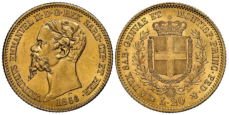 1082860 ITALIAN STATES. Sardinia. Vittorio Emanuele II. 1856 F//P (b) AV 20 Lire. NGC MS64.  Genoa. VICTORIVS EMANVEL II. D. G. REX SARD. CYP. ET HIER. Head to left, date below / DVX SAB. GENVAE ET MONTISF. PRINC. PED. &. Crowned squarish shield o...