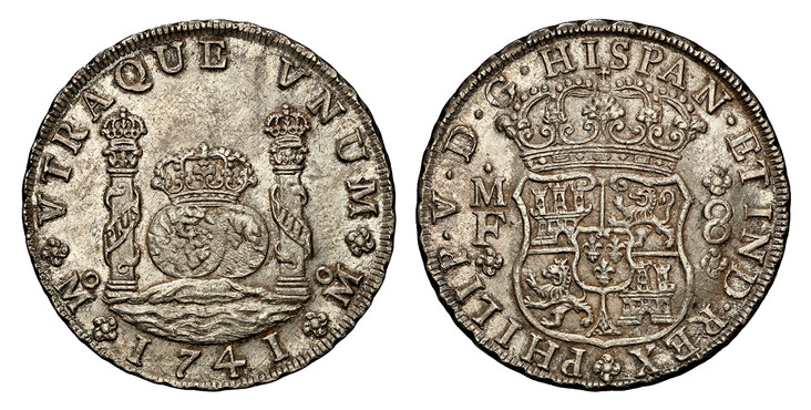 1080011 MEXICO. Philip V. 1741-Mo MF AR 8 Reales. NGC MS63.  Mexico City. PHILIP · V · D · G · HISPAN · ET IND · REX. Crowned shield flanked by M F 8 / ...VNUM. Crowned globes flanked by crowned pillars with banner, date below. KM 103.

Please use...