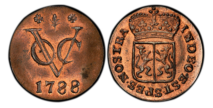 1082662 NETHERLANDS EAST INDIES. Gelderland. 1788-(Ear of corn) Marten Hendrik Lohse (Mintmaster) CU Duit. PCGS MS65RB (Red-Brown).  Harderwijk. 3.03gm. Crowned shield of arms of Harderwijk / VOC monogram; mintmark above and date below. Scholten 2...