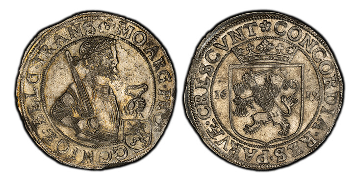 1082396 NETHERLANDS. Overyssel. 1619-(Rose) AR Daalder, Rijks. PCGS MS62.  (mm) MO • ARG • PRO • (shield) CONFOE • BELG • TRANS. Laureate 1/2 figure holding sword and arms in inner circle / CONCORDIA • RES PARVAE • CRESCVNT. Crowned arms divide da...