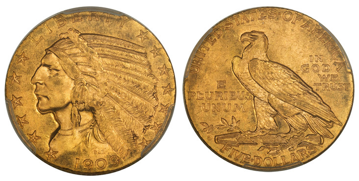 1083039 UNITED STATES OF AMERICA. 1909-D AV $5, Half Eagle. PCGS MS64 CAC.  By Bela Lyon Pratt. U.S. Mint, Denver. LIBERTY. Stylized Native American portrait wearing a full headdress encircled by 13 stars, date below / UNITED STATES OF AMERICA// E...