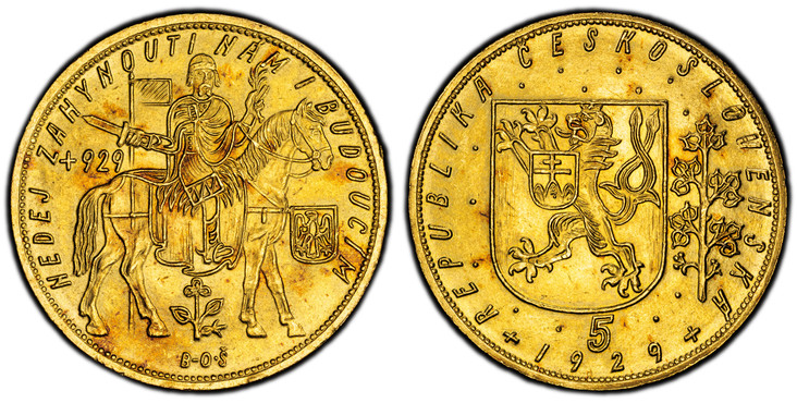 1082837 CZECHOSLOVAKIA. Republic. (1918-1939). 1929 AV 5 Ducats. PCGS MS64.  By J. Benda (Obv.) & O. Spaniel (Rev.). Kremnitz. Edge: Milled. Czech lion with Slovak shield, denomination and date below / Duke Wenceslas (Vaclav) on horseback right. K...