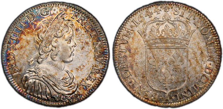 1083643 FRANCE. Louis XIV. (King, 1643-1715). 1644-A (Rose between two points) AR 1/2 Ecu. PCGS AU55.  By Jean Warin. Paris. LVD. XIIII. D. G. FR. ET. NAV. REX. Laureate, draped and mailed bust, right / .SIT. NOMEN. DOMINI. - A - .BENEDICTVM. 1644...