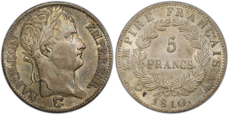 1083645 FRANCE. Napoleon I. (Emperor, 1804-1815). 1810-A AR 5 Francs. PCGS AU55.  Paris. 25gm. NAPOLEON EMPEREUR. Laureate head right / EMPIRE FRANCAIS. Denomination within wreath. KM 694.1; F.-307; Gad.-58.

Please use this link to verify the PCG...