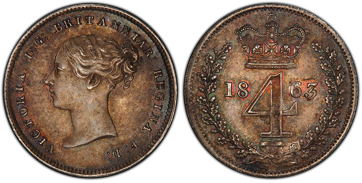 1052341 GREAT BRITAIN. Victoria. (Queen, 1837-1901). 1863 AR 4-Piece Maundy Set. PCGS PL64-PL66.  Young head left / Crowned denomination within laurel wreath. SCBC-3916; ESC-3511.

Grades as follows: PCGS PL64 (Fourpence); PCGS PL65 (Threepence); ...