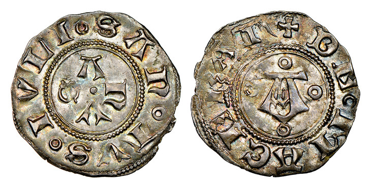 1082651 ITALIAN STATES. Macerata. Anonymous. (1404-1447) ND AR Bolognino. NGC MS63.  16mm. 0.89gm. ⸰ DE ⸰ MACERAT// A . Large gothic A with four annulets around within reeded circle; cross in legend above / + ⸰ SANTVS ⸰ IVLI ⸰ (Saint Julian)// ANV...