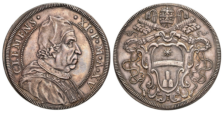 1082857 ITALIAN STATES. Papal States. Clement XI. (Pontiff, 1700-1721). (1715)-XV AR Piastra, Scudo of 80 Bolognini. NGC AU55.  C L E M E N S * * X I * P * M * A * X V. Capped bust, right; signed below truncation •E•H• / Papal arms. KM 763; Dav.-1...