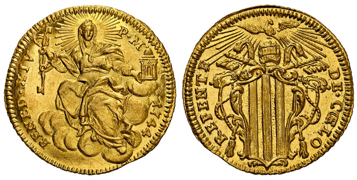1082775 ITALIAN STATES. Papal States. Benedict XIV. 1744 AV Zecchino. NGC MS65.  BEN · XIV · P · M · ... Radiant Holy Mother Church, seated / REPENTE DE CAELO. Radiant dove above Papal arms. KM 943; Munt.-10.

Please use this link to verify the NG...