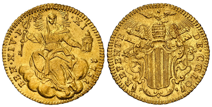 1082779 ITALIAN STATES. Papal States. Benedict XIV. 1751-XI AV Zecchino. NGC MS64.  BEN · XIV · P · M · ... Radiant Holy Mother Church, seated / REPENTE DE CAELO. Radiant dove above Papal arms. KM 943; Fr.-231; Munt.-19I.

Currently the finest kno...