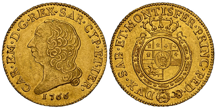 1082859 ITALIAN STATES. Sardinia. Carlo Emanuele III. 1766 AV Doppia. NGC AU58.  Torino. CAR · EM · D · G · REX · SAR · CYP · ET · IER ·. Head to left, date below / DVX · SAB · ET · MONTISFER · PRINC · PED · & ·. Crowned oval shield of 4-fold arms...