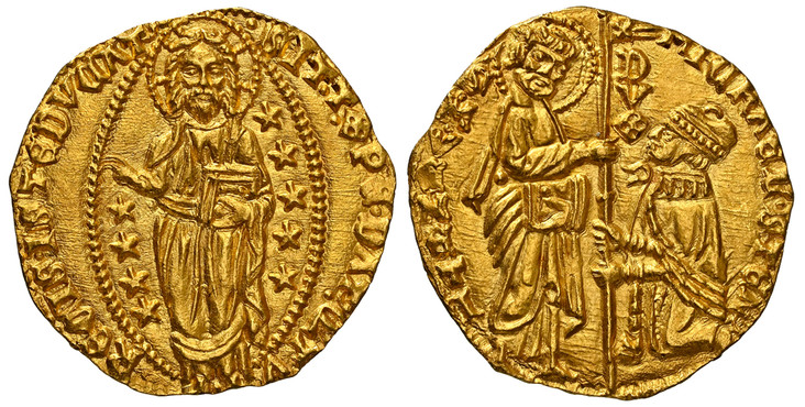 1082861 ITALIAN STATES. Venice. Michele Steno. (Doge, 1400-1413). (1400-1413) AV Ducat. NGC MS66.  19mm. 3.54gm. Kneeling Doge receives banner from St. Mark / Christ the Redeemer standing facing within mandorla with nine stars. Fr.-1230; Paolucci ...