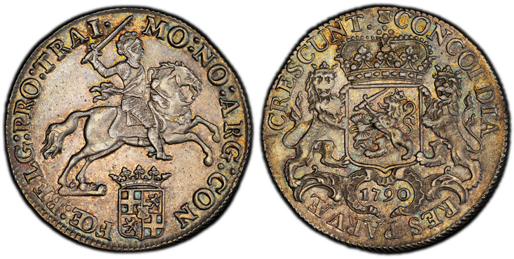 1082767 NETHERLANDS. Utrecht. 1790 AR Ducaton, 60 Stuiver - Silver Rider. PCGS AU58.  Edge: Cabled. MO : NO : ARG : CON FOE : BELG : PRO : TRAI ·. Armored knight on horse above crowned shield / CONCORDIA RES PARVÆ CRESCUNT ·. Crowned arms of Utrec...