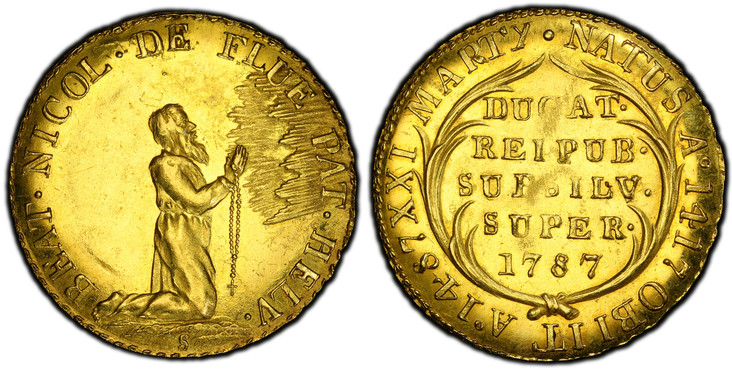 1081111 SWISS CANTONS. Unterwalden. "1787" (1860) S AV Restrike Ducat. PCGS MS62.  By Johann Ulrich Samson. BEAT. NICOL. DE FLUE PAT. HELV. Kneeling Saint Nicholas with rosary right / NATUS A. 1417 OBIIT A. 1487 XXI MARTY.// DUCAT./ REIPUB./ SUBSI...