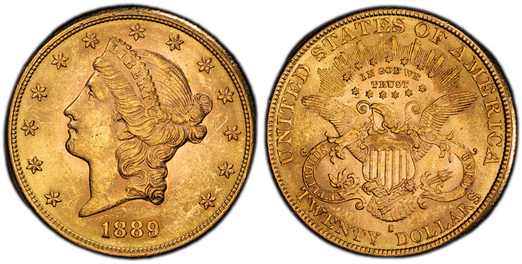 1083053 UNITED STATES OF AMERICA. 1889-S AV $20, Double Eagle. PCGS MS64.  U.S. Mint, San Francisco. Coronet head, left, within circle of stars / UNITED STATES OF AMERICA. TWENTY DOLLARS below eagle. KM 74.3.

Please use this link to verify the PC...