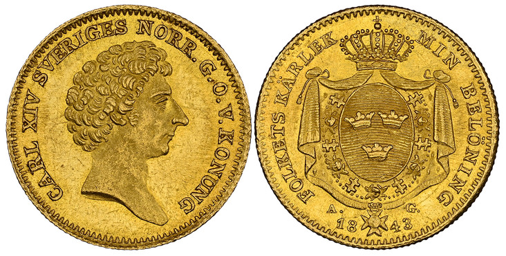 1074196 SWEDEN. Carl XIV Johan. 1843 AG (Mintmaster Alexander Grandinson) AV Ducat. NGC MS64.  Stockholm mint. CARL XIV SVERIGES... Head right / Crowned mantled arms. KM 628a; Fr.-87.

From a reported mintage of 74,000 pieces.

Please use this lin...