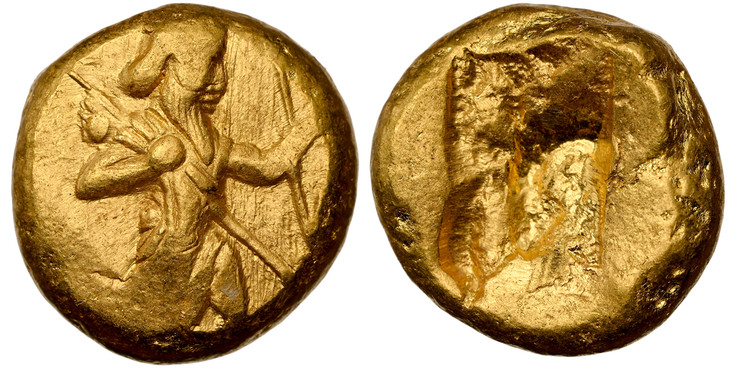 1083929 CENTRAL ASIAN. ACHAEMENID EMPIRE. Struck 5th-4th Centuries BC. AV Daric. NGC AU (About Uncirculated) Strike 4/5 Surface 4/5.  8.34gm. Persian king or hero, wearing kidaris and kandys, quiver over shoulder, in kneeling-running stance right,...