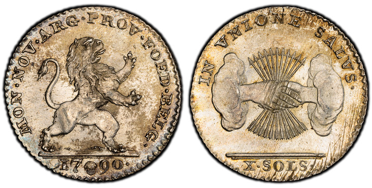 1083093 AUSTRIAN NETHERLANDS. 1790-(b) AR 10 Sols, 10 Stuivers. PCGS MS64.  Brussels. 4.71gm. MON · NOV · ARG · PROV · FOED · BELG ·. Rampant lion right / IN VNIONE SALVS ·. Arrows back of grasped hands at center. KM 46; Vanhoudt 868; Delmonte 395...