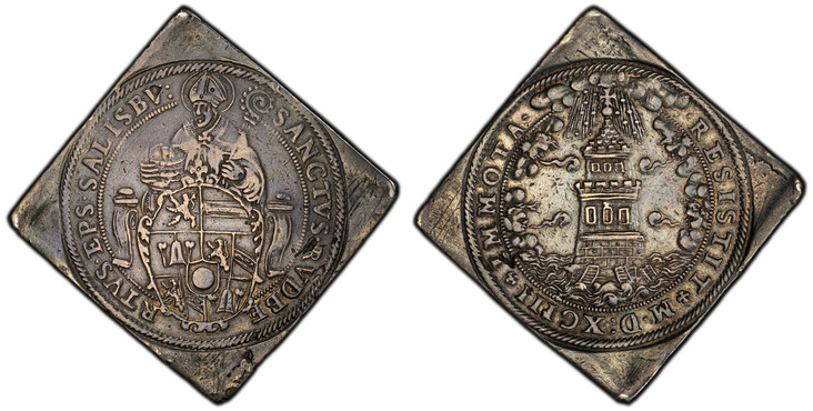 1083584 AUSTRIA. Salzburg. Wolf Dietrich von Raitenau. (1587-1612). 1593 AR 2 Thaler Klippe. PCGS VF35.  St. Robert, seated facing, mitred and haloed, wearing habit and holding a crozier in his left hand and globe in his right hand / Four winds bl...