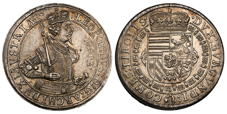 1083587 AUSTRIA. Leopold. 1632 AR Thaler. NGC MS62.  Hall. LEOPOLDVS · D: G: ARCHIDVX · AVSTRIÆ. Crowned 1/2-length figure right with scepter and sword / DVX · BVRGVND: — COMES · TIROLIS. Crowned arms within Order chain. KM 629.4 (Prev. KM 804.4);...