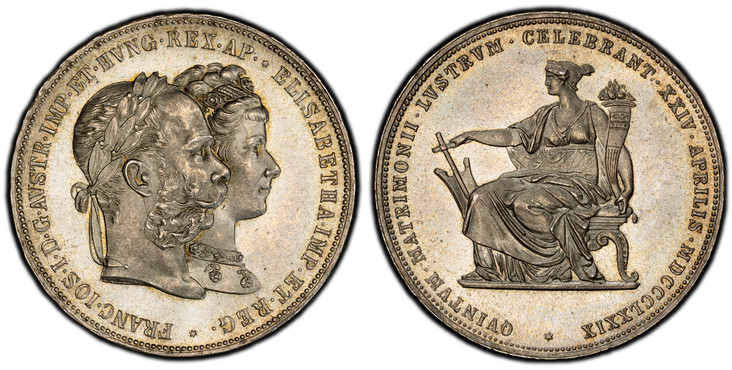 1082836 AUSTRIA. Franz Joseph I. MDCCCLXXIX (1879) AR 2 Gulden, Zwei. PCGS MS65.  Vienna. Edge: ZWEI GULDEN XLV. KET FORINT. FRANC · IOS · I · D · G · AVSTR · IMP · ET · HVNG · REX · AP · · ELISABETHA · IMP · BT · REG ·. Conjoined busts right / Se...