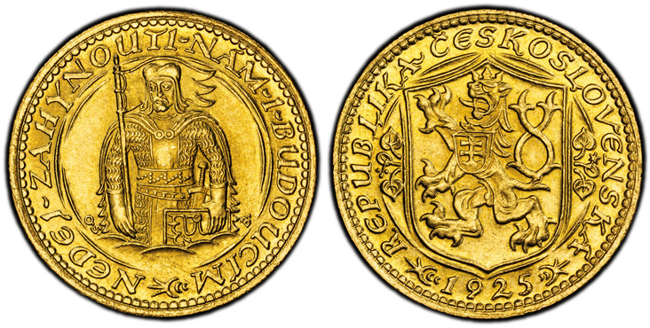 1083037 CZECHOSLOVAKIA. Republic. (1918-1939). 1925 AV Ducat. PCGS MS66.  By J. Benda (Obv.) & O. Spaniel (Rev.). Kremnitz. Edge: Milled. Czech lion with Slovak shield, date below / Duke Wenceslas (Vaclav) half-length figure facing. KM 8; Friedber...