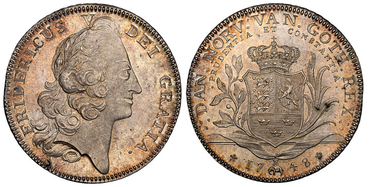 1082915 DENMARK. Frederik V. 1748 W AR Krone, 4 Mark. NGC MS64.  Copenhagen. FRIDERICUS V DEI GRATIA. Head right / DAN NORV VAN GOTH REX. Modified sprays with horizontal lines in ribbon sash below crowned arms. KM 572; Schou 4; Hede 31A.

Please u...