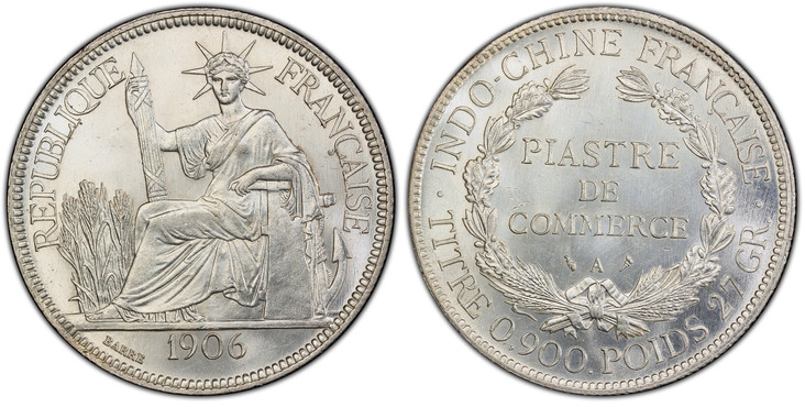 1083518 FRENCH INDO-CHINA. Third Republic. (1870-1940). 1906-A AR Piastre. PCGS MS64.  By Barre. Paris. Liberty seated left with fasces / TITRE 0.900 POIDS 27 GR. Denomination within wreath. KM 5a.1; Lecompte 289.

Superb and exceptional.

Please ...